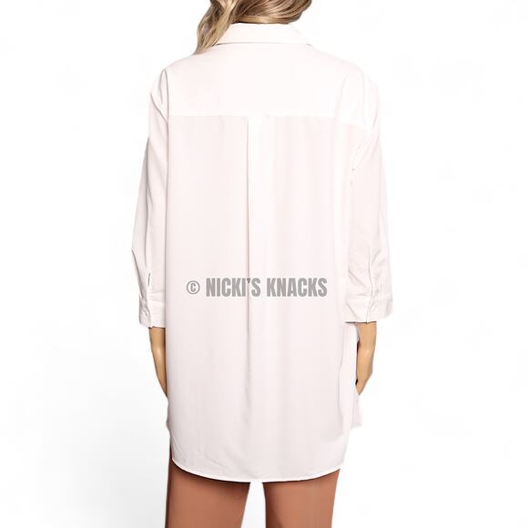 White 3/4 Sleeve Button Front Tunic Top Collared Lightweight Blouse Size M - Picture 4 of 8